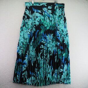 Catherines Skirt Size 1X Pleated Midi Black Turquoise Blue Floral Leaf Print